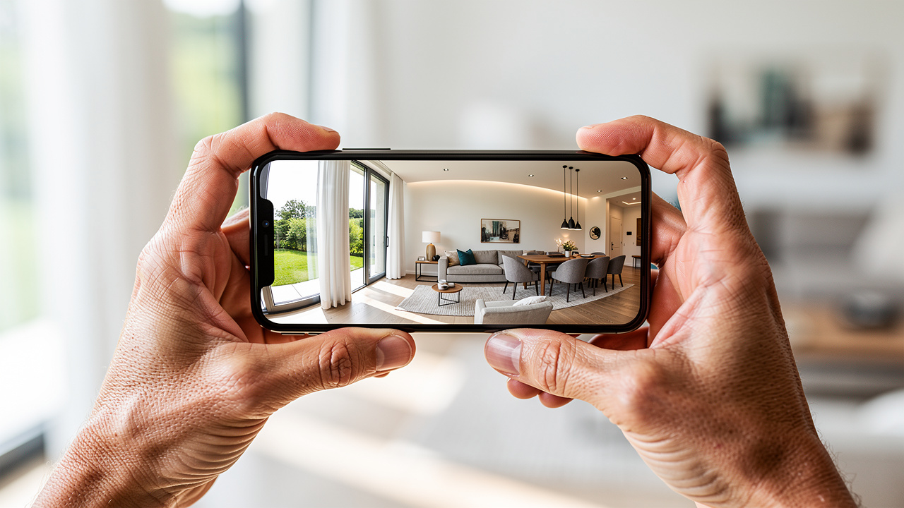 Person viewing 360 virtual tour of staged home on smartphone