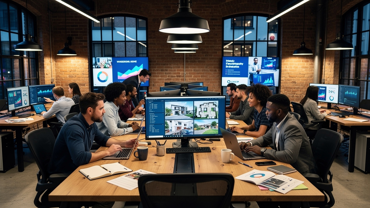 Marketing agency team reviewing virtual tour analytics on monitors