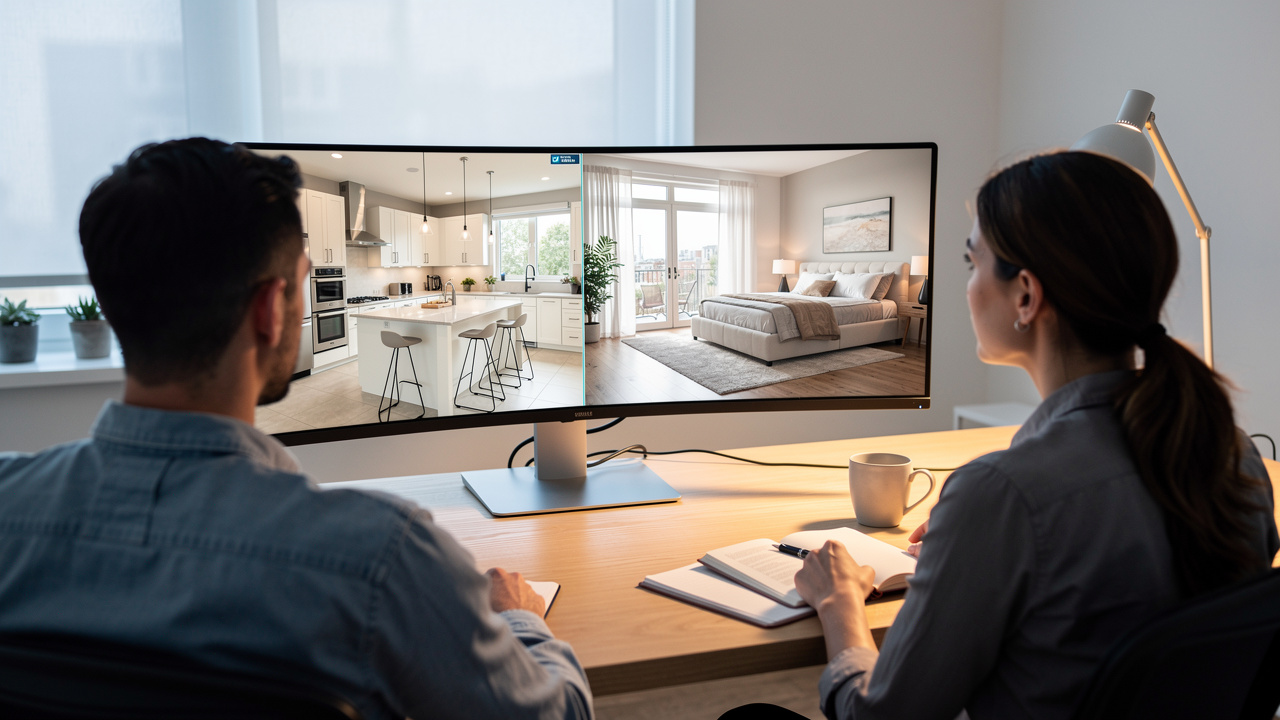Two agents comparing virtual tour software platforms on monitor
