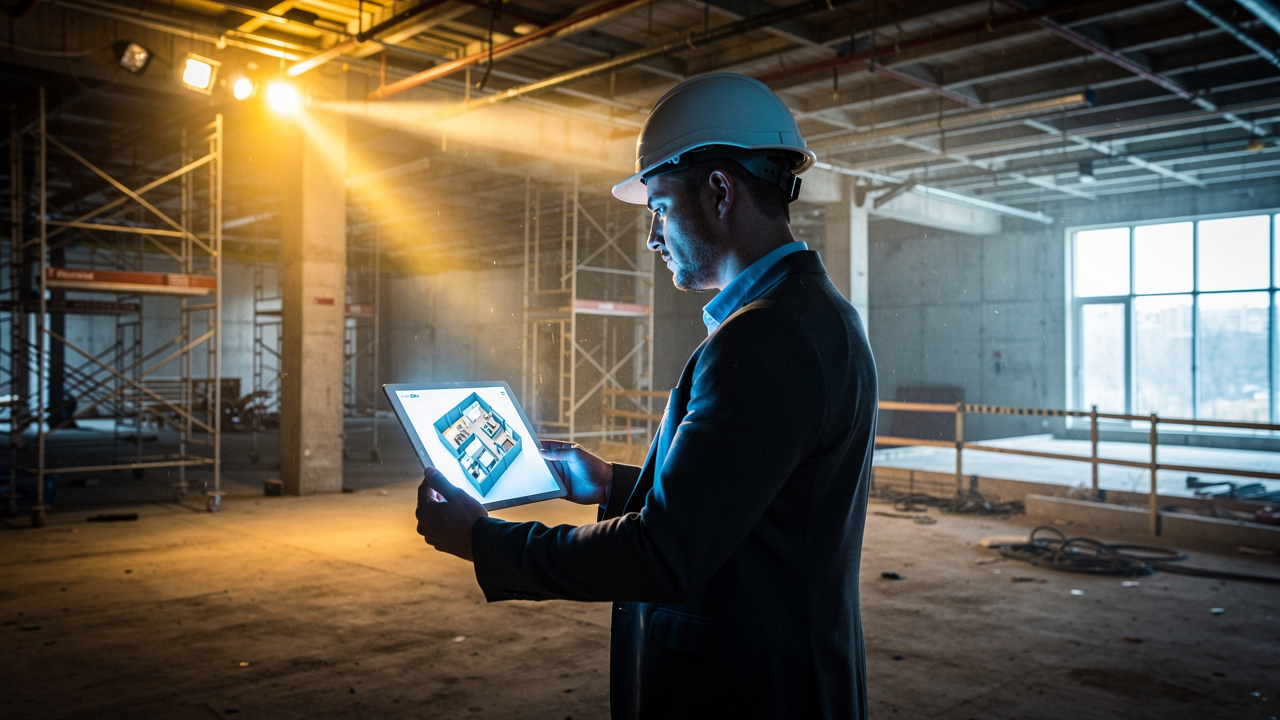 Architect reviewing digital floor plan on tablet at construction site