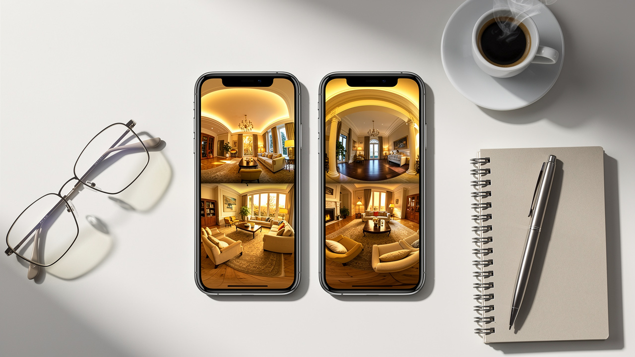Two smartphones side by side comparing virtual tour platform options