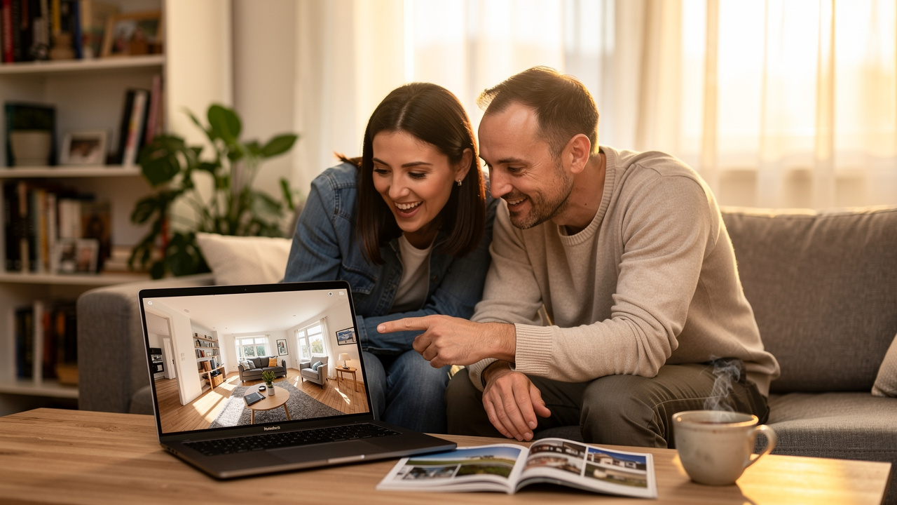 Couple exploring real estate virtual tour on laptop at home