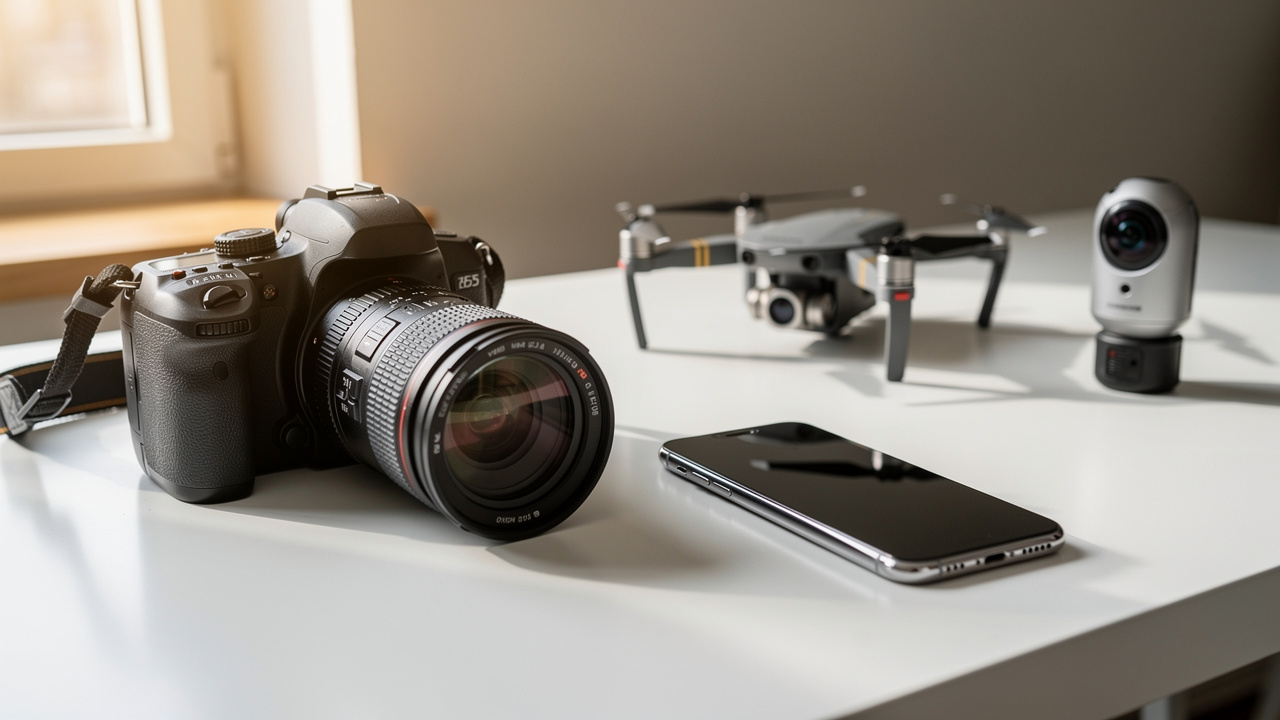 Multiple devices for virtual tour capture on clean white desk