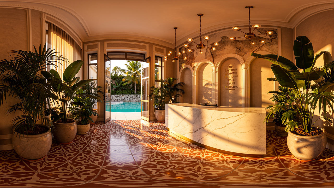 Boutique hotel lobby showcased in immersive virtual tour