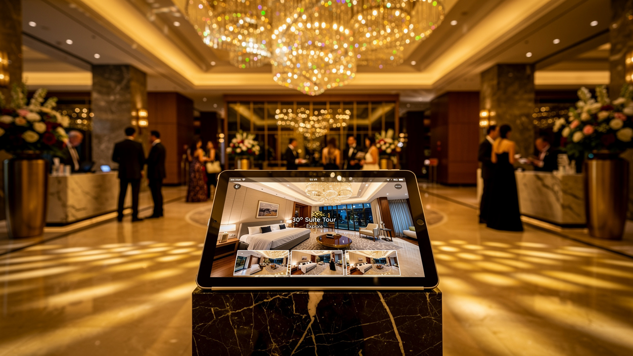 Hotel concierge tablet showing virtual tour of premium suite