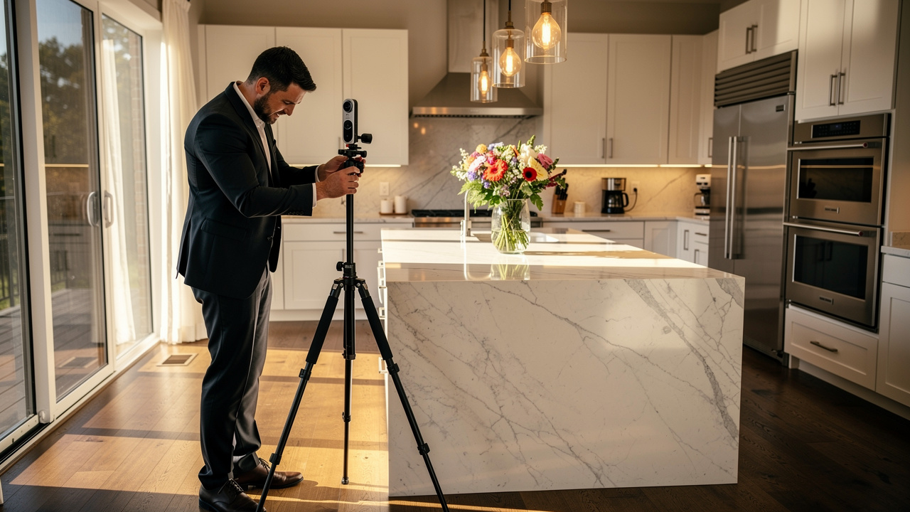 Photographer setting up 360 camera in modern real estate kitchen