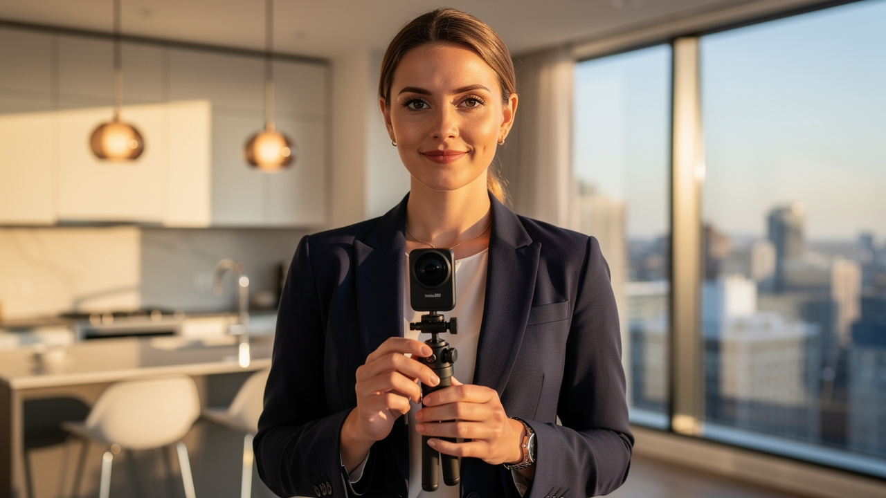 Female real estate agent shooting 360 virtual tour in modern apartment