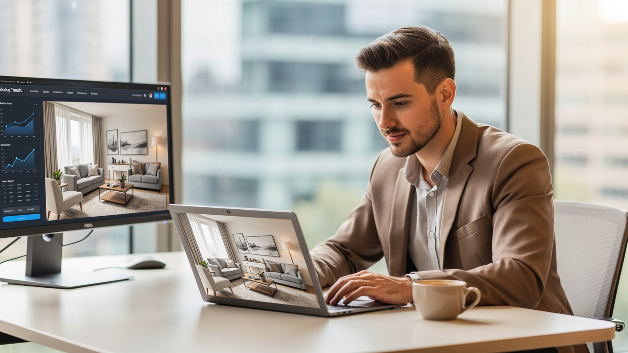 Real estate agent reviewing virtual staging ROI data on laptop
