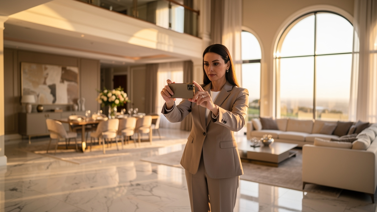 Real estate agent capturing panoramic virtual tour with smartphone