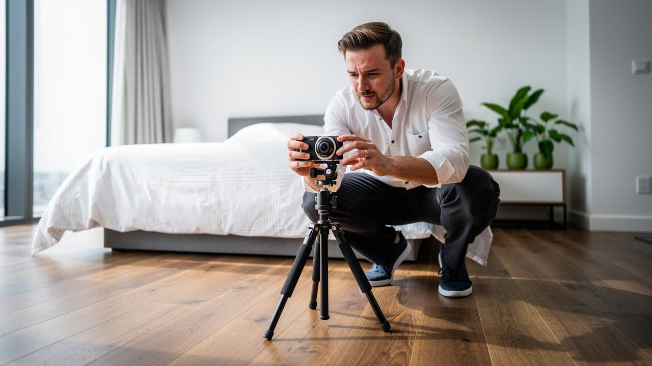 Real estate photographer capturing 360 degree tour of bedroom