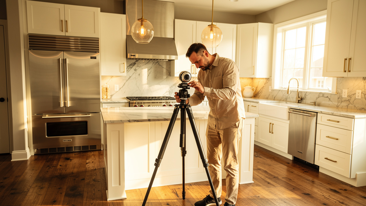 Photographer setting up 360 camera in modern staged kitchen