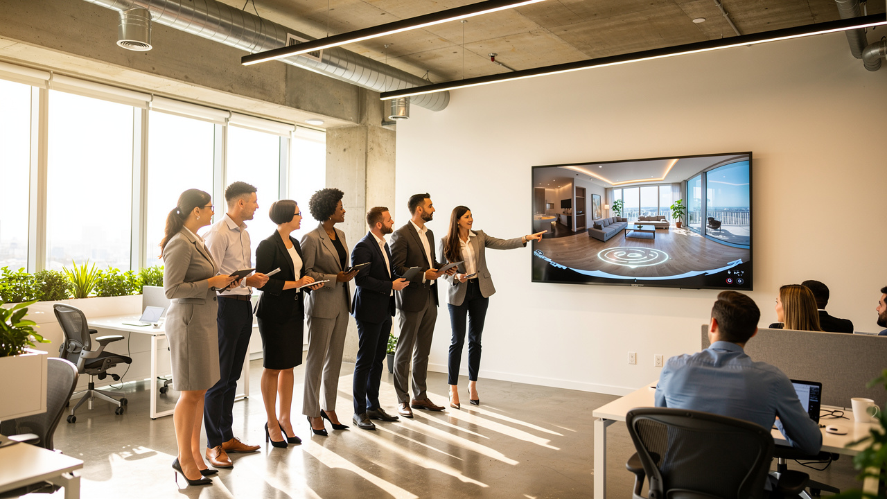 Real estate team analyzing virtual tour software on large monitor