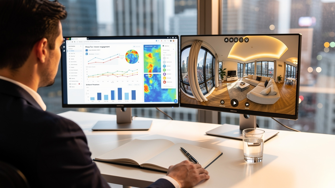 Real estate agent reviewing virtual tour analytics on computer