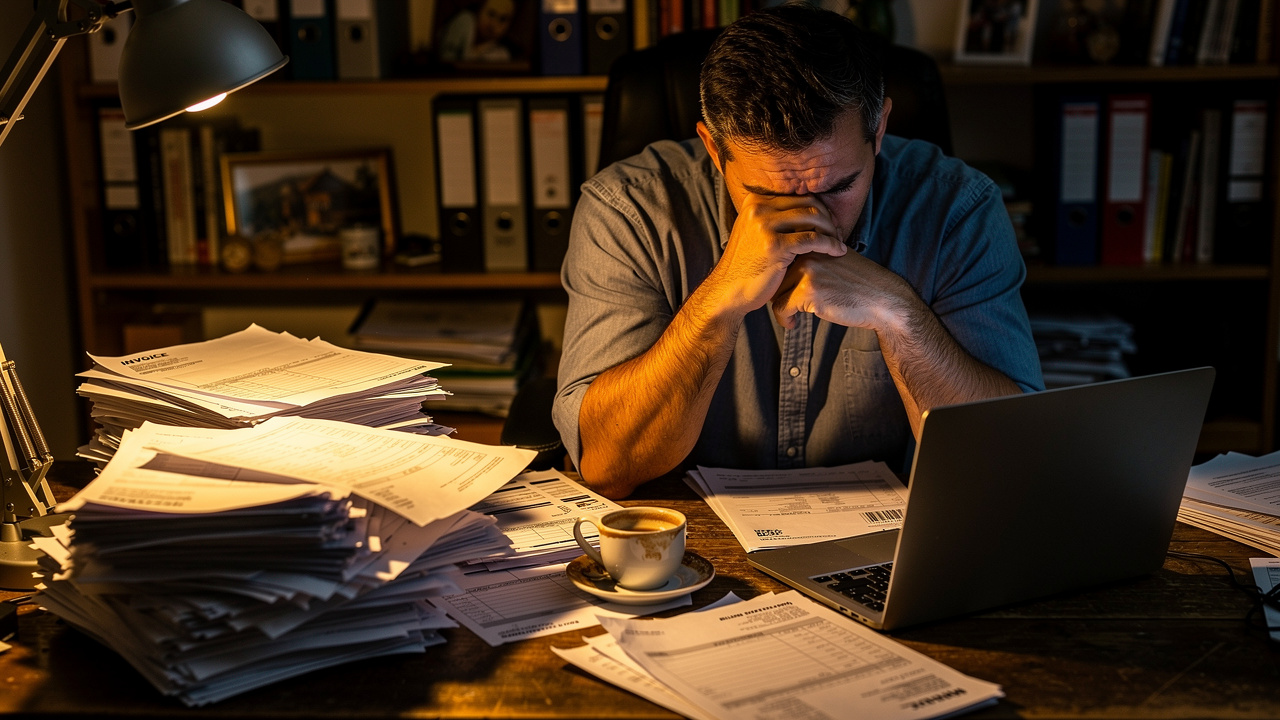 Frustrated small business owner reviewing billing issues on laptop