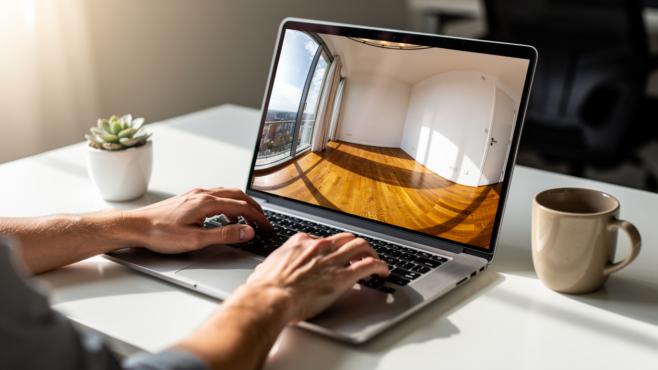 Person navigating immersive 360 virtual tour on laptop screen