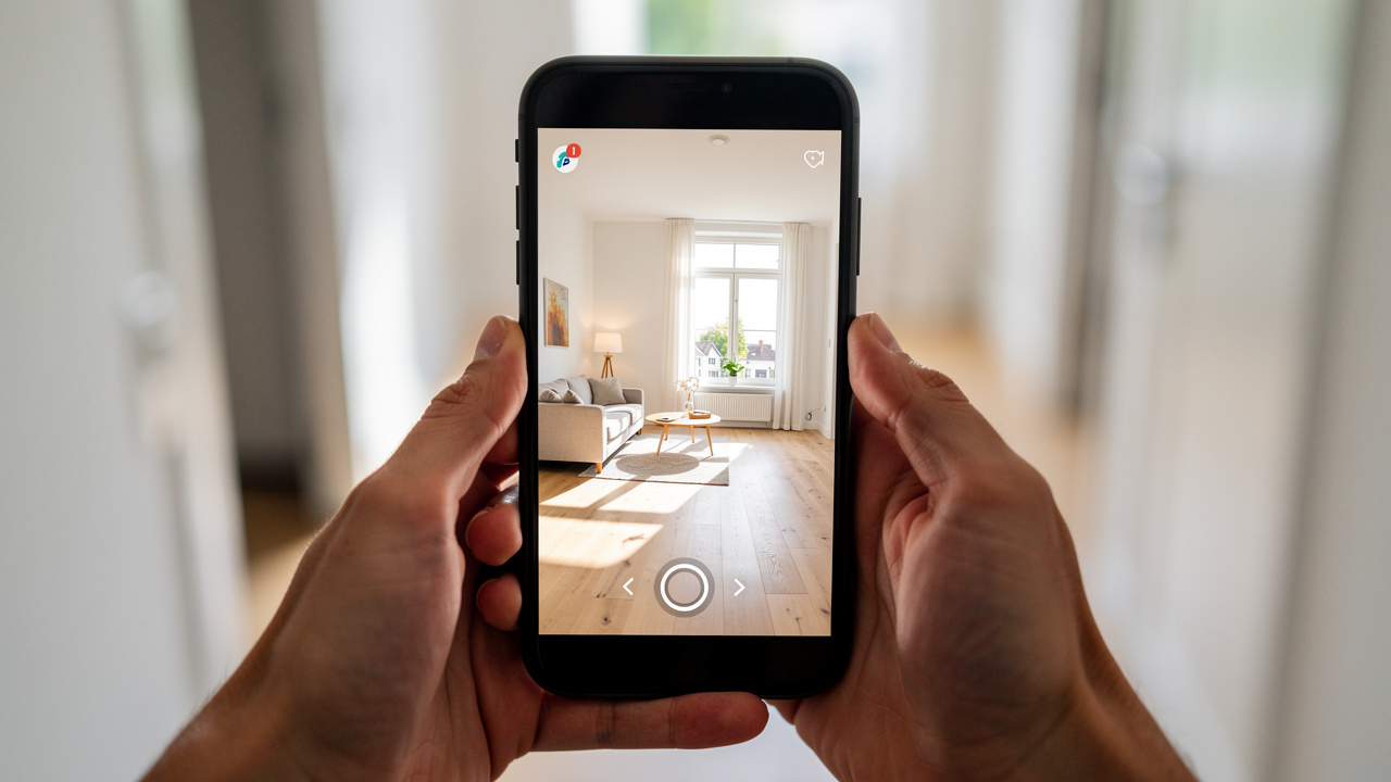 Buyer exploring interactive property virtual tour on smartphone