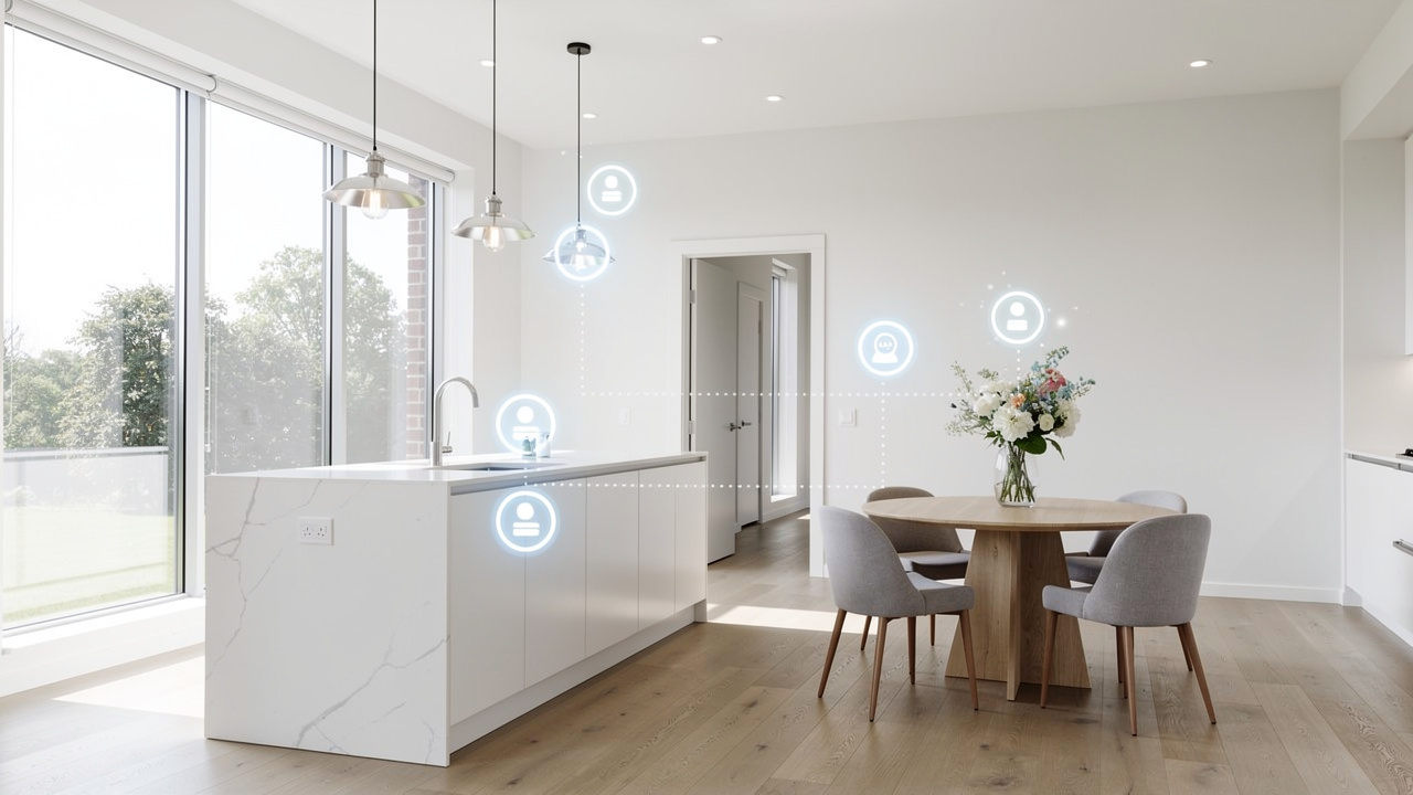 Staged home interior with virtual tour interactive hotspot markers