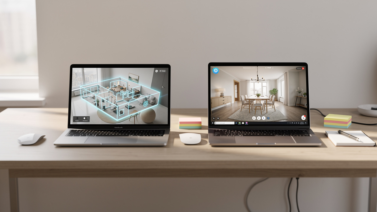 Two laptops comparing virtual tour platform features side by side