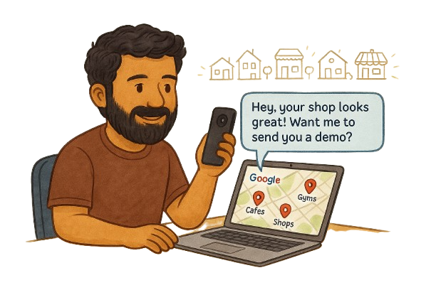 Person with laptop and phone reaching out to local businesses with a friendly approach