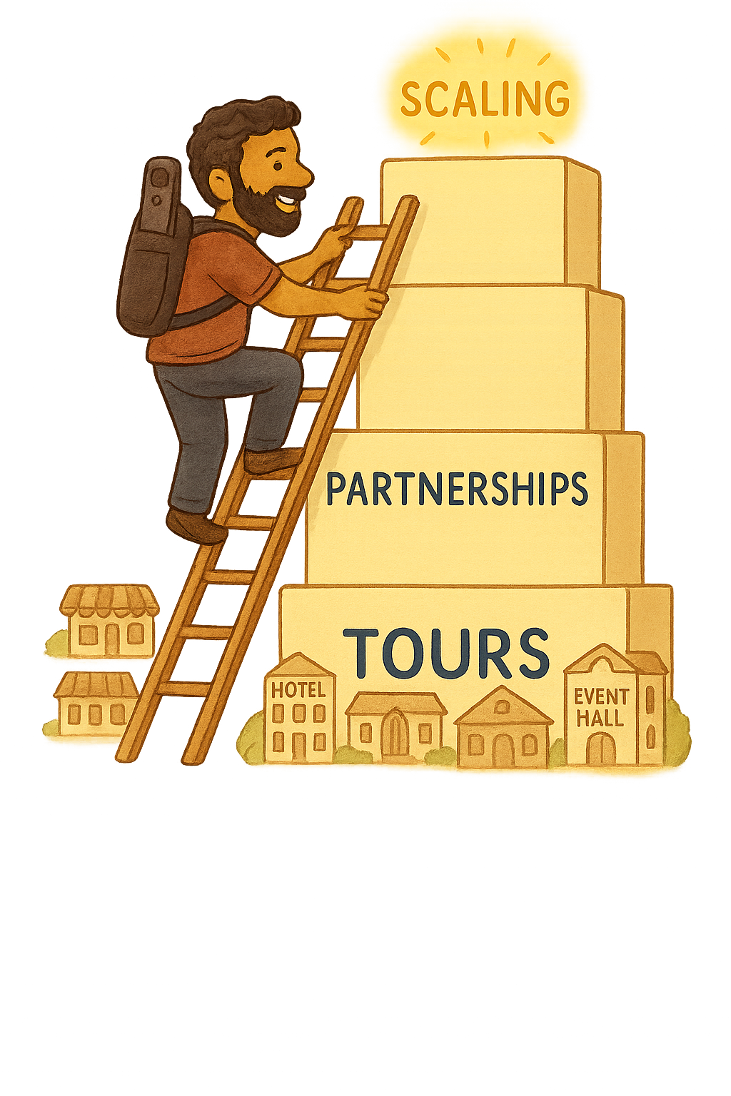 Entrepreneur climbing ladder with building blocks showing scaling from tours to partnerships to scaling levels
