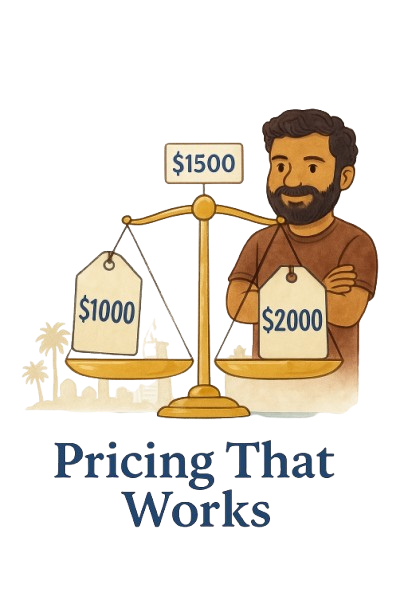 Pricing That Works - illustration showing pricing balance with $1000, $1500, and $2000 on scales