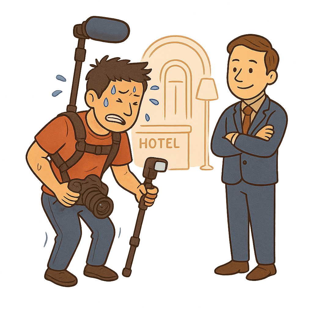 Virtual tour photographer with DSLR camera and tripod setup feeling overwhelmed in hotel lobby while confident manager watches - showing early challenges of starting 360 photography business before Google Street View existed